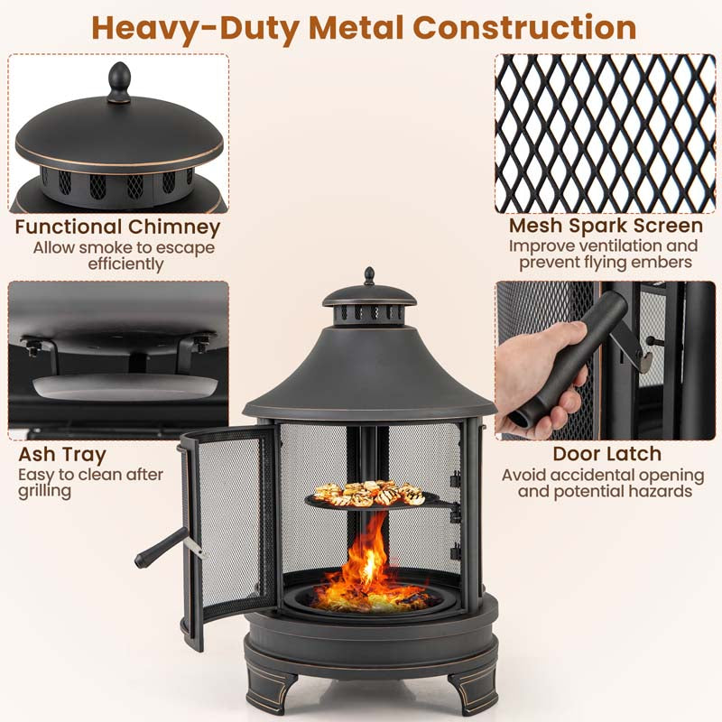 2-in-1 Outdoor Fire Pit with Grill, 30 Inch Metal Chiminea for Patio Backyard BBQ, Wood Burning Fireplace with Chimney, Spark Screen Door & Fire Poker