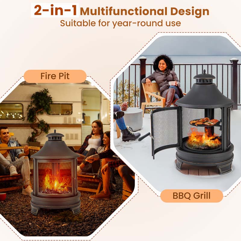 2-in-1 Outdoor Fire Pit with Grill, 30 Inch Metal Chiminea for Patio Backyard BBQ, Wood Burning Fireplace with Chimney, Spark Screen Door & Fire Poker