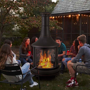 Outdoor Wood Burning Chiminea Fire Pit for Patio Backyard BBQ, 30 Inch Metal Fireplace with Grill, Chiminea Cover & Spark Screen Door, Fire Poker