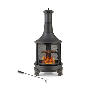 Outdoor Wood Burning Chiminea Fire Pit for Patio Backyard BBQ, 30 Inch Metal Fireplace with Grill, Chiminea Cover & Spark Screen Door, Fire Poker