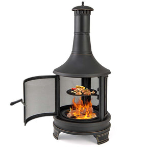 Outdoor Wood Burning Chiminea Fire Pit for Patio Backyard BBQ, 30 Inch Metal Fireplace with Grill, Chiminea Cover & Spark Screen Door, Fire Poker