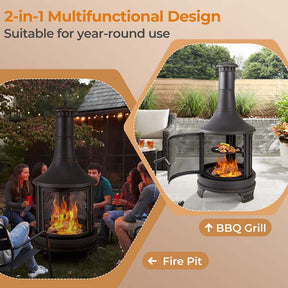 Outdoor Wood Burning Chiminea Fire Pit for Patio Backyard BBQ, 30 Inch Metal Fireplace with Grill, Chiminea Cover & Spark Screen Door, Fire Poker