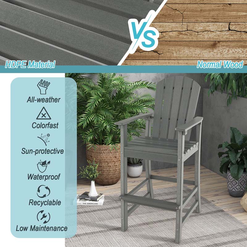 Outdoor HDPE Tall Adirondack Chair with Armrests and Footrest, 30 Inches Counter Height Bar Stool for Garden Backyard