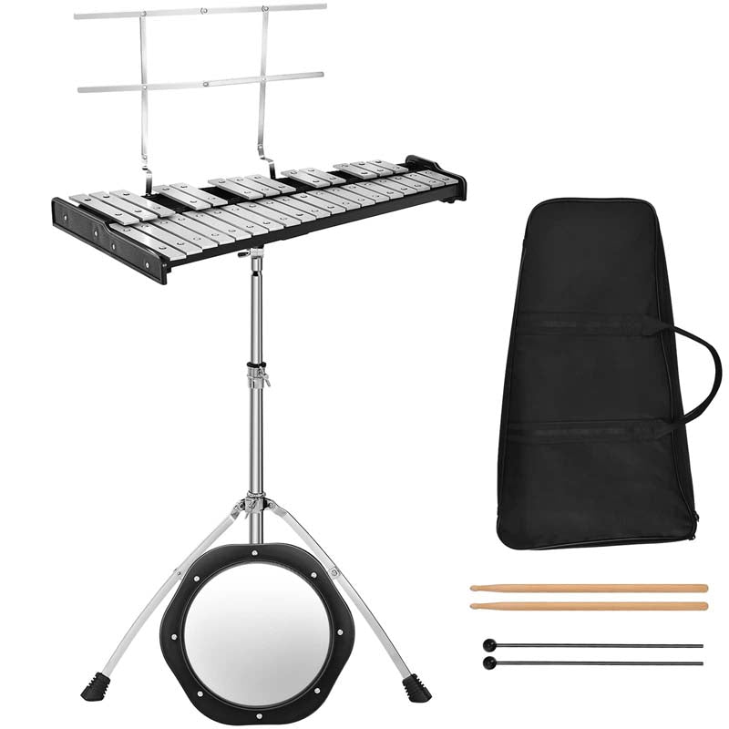 32 Notes Professional Glockenspiel Bell Kit, Percussion Xylophone with Adjustable Stand, Music Stand, 8'' Practice Pad, Carrying Bag