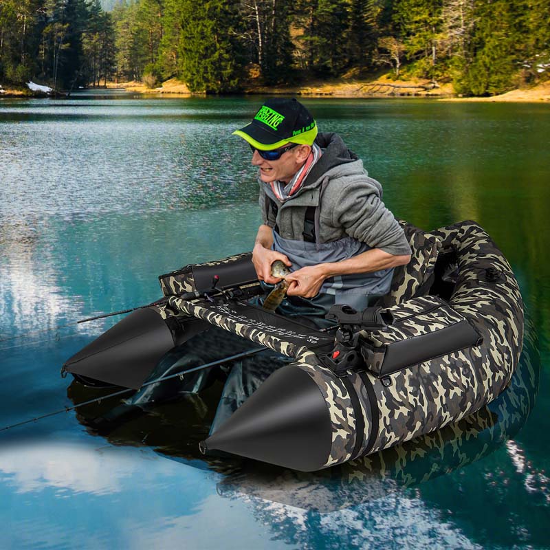350 LBS Inflatable Boat Belly Boat Fishing Float Tube w/Adjustable Shoulder Straps, Paddle, Flippers, Fishing Rod Holder, Fish Ruler, Storage