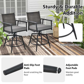 360 Swivel Bar Stools Patio Counter Height Bar Chair with PE Rattan Backrest, Metal Frame, Removable Seat Cushion & Footrest