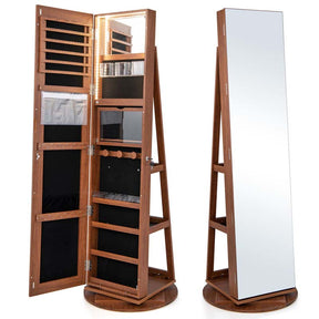 63.5" H 360° Swivel Jewelry Armoire with Full Length Mirror, 3-Color LED lights, Rear Storage Shelves, Lockable Standing Jewelry Cabinet Organizer