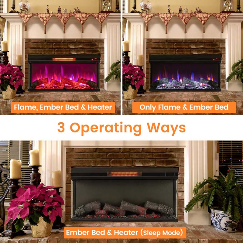 36" 3-Sided Electric Fireplace Heater 1500W Recessed Fireplace Insert w/ 7-Color Flame, 9H Timer & Thermostat Control, Overheat Protection