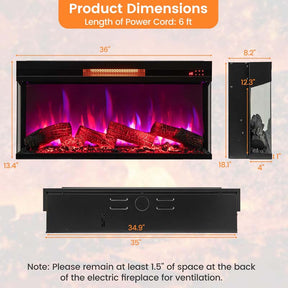 36" 3-Sided Electric Fireplace Heater 1500W Recessed Fireplace Insert w/ 7-Color Flame, 9H Timer & Thermostat Control, Overheat Protection