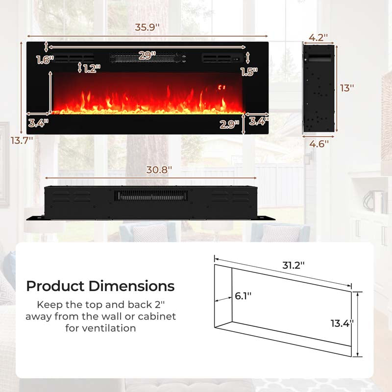 36" Electric Fireplace Inserts w/LED Strip Lights, 750W/1500W Fireplace Heater w/Remote Control, Adjustable Flame Color & Brightness