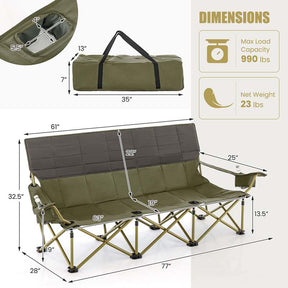 3-Person Folding Oversized Camping Couch Chair w/Cup Holders & Thick Padding, Outdoor Lawn Chair for Beach Picnic Travel