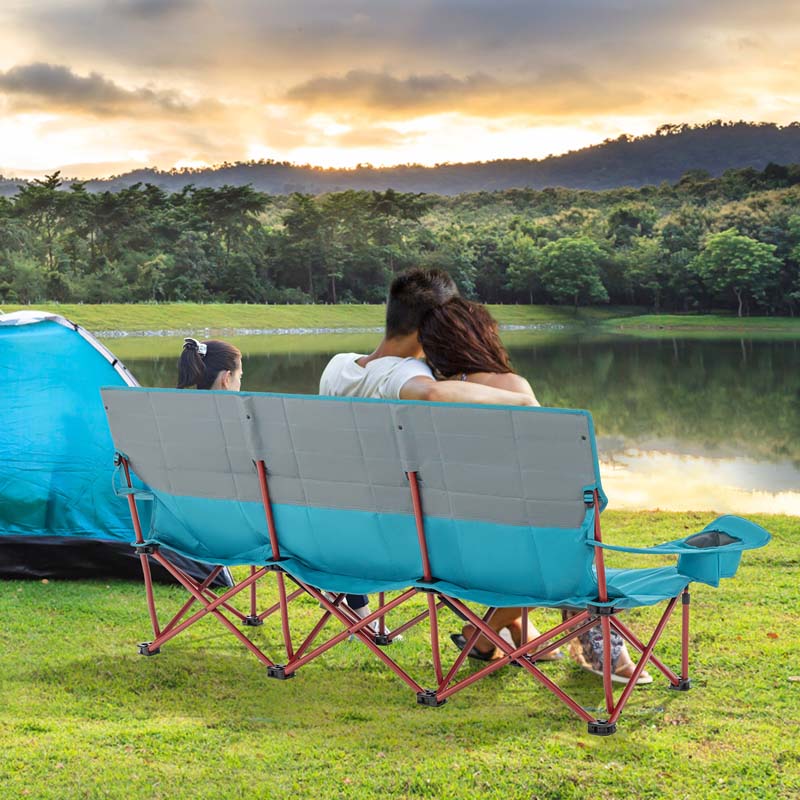 3-Person Folding Oversized Camping Couch Chair w/Cup Holders & Thick Padding, Outdoor Lawn Chair for Beach Picnic Travel