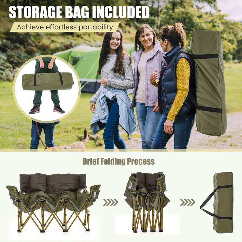 3-Person Folding Oversized Camping Couch Chair w/Cup Holders & Thick Padding, Outdoor Lawn Chair for Beach Picnic Travel