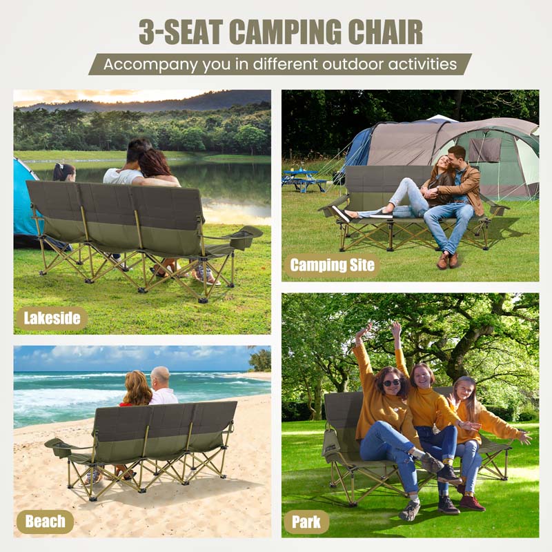3-Person Folding Oversized Camping Couch Chair w/Cup Holders & Thick Padding, Outdoor Lawn Chair for Beach Picnic Travel