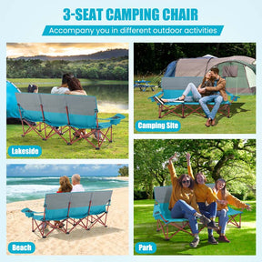 3-Person Folding Oversized Camping Couch Chair w/Cup Holders & Thick Padding, Outdoor Lawn Chair for Beach Picnic Travel