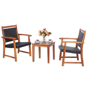 3 Pcs Rattan Patio Bistro Set Acacia Wood Outdoor Conversation Set with 2 Chairs & 1 Side Table