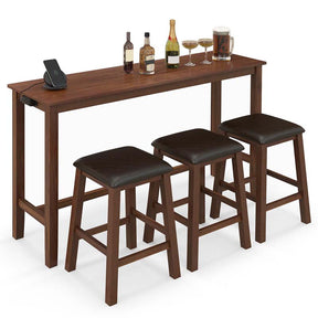 4-Piece Rustic Bar Table Set with Power Outlet & 3 Upholstered Stools, Counter Height Pub Table Set for Kitchen & Dining Room