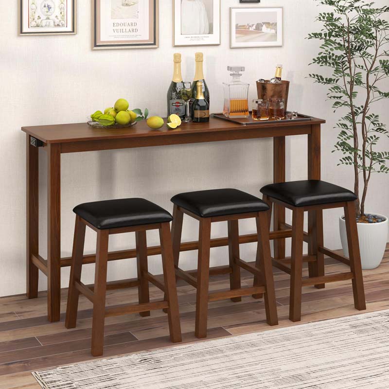 4-Piece Rustic Bar Table Set with Power Outlet & 3 Upholstered Stools, Counter Height Pub Table Set for Kitchen & Dining Room