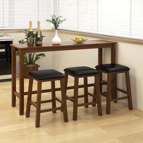 4-Piece Rustic Bar Table Set with Power Outlet & 3 Upholstered Stools, Counter Height Pub Table Set for Kitchen & Dining Room