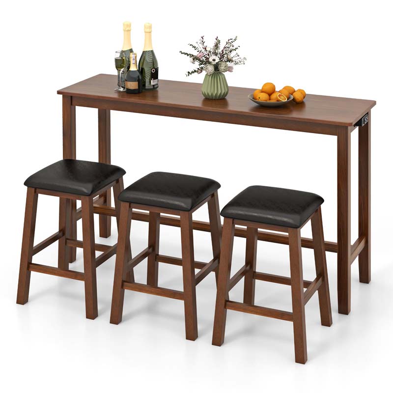 4-Piece Rustic Bar Table Set with Power Outlet & 3 Upholstered Stools, Counter Height Pub Table Set for Kitchen & Dining Room