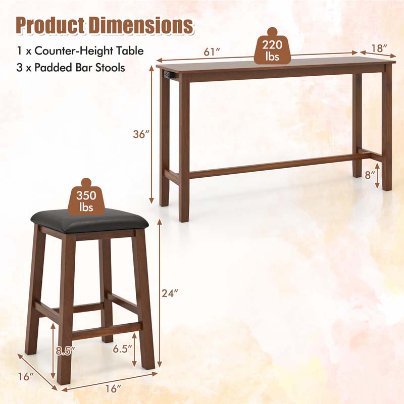 4-Piece Rustic Bar Table Set with Power Outlet & 3 Upholstered Stools, Counter Height Pub Table Set for Kitchen & Dining Room