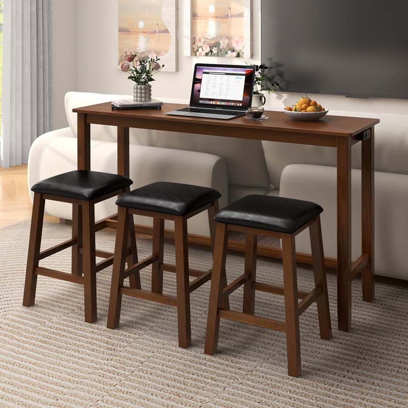 4-Piece Rustic Bar Table Set with Power Outlet & 3 Upholstered Stools, Counter Height Pub Table Set for Kitchen & Dining Room