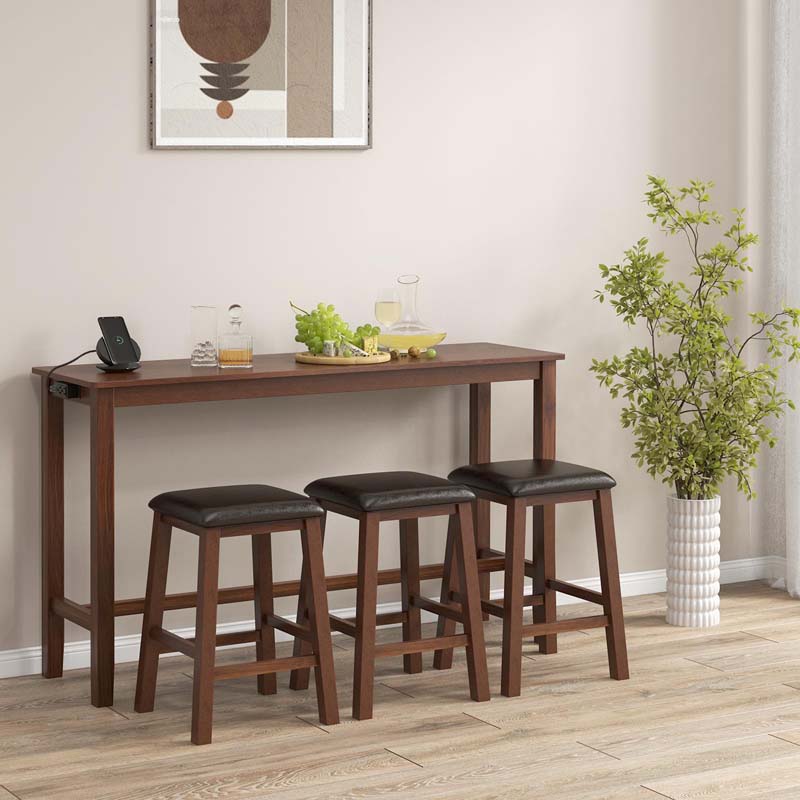 4-Piece Rustic Bar Table Set with Power Outlet & 3 Upholstered Stools, Counter Height Pub Table Set for Kitchen & Dining Room