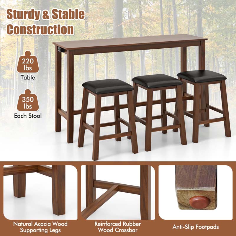 4-Piece Rustic Bar Table Set with Power Outlet & 3 Upholstered Stools, Counter Height Pub Table Set for Kitchen & Dining Room