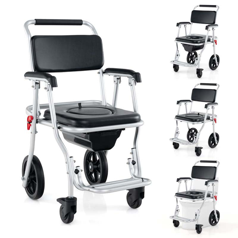 4-in-1 Bedside Commode Wheelchair for Toilet, 330lbs Foldable Shower Chair with Arms, Rolling Bath Chair for Elderly Disabled Handicap