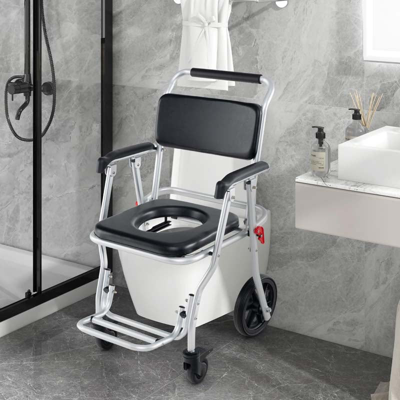 4-in-1 Bedside Commode Wheelchair for Toilet, 330lbs Foldable Shower Chair with Arms, Rolling Bath Chair for Elderly Disabled Handicap