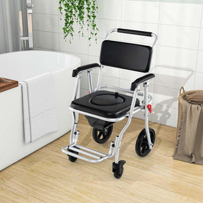 4-in-1 Bedside Commode Wheelchair for Toilet, 330lbs Foldable Shower Chair with Arms, Rolling Bath Chair for Elderly Disabled Handicap