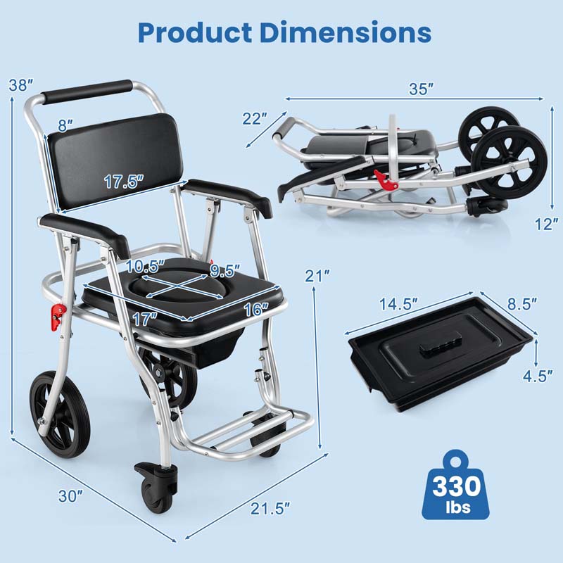 4-in-1 Bedside Commode Wheelchair for Toilet, 330lbs Foldable Shower Chair with Arms, Rolling Bath Chair for Elderly Disabled Handicap