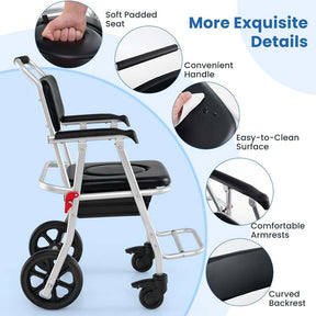 4-in-1 Bedside Commode Wheelchair for Toilet, 330lbs Foldable Shower Chair with Arms, Rolling Bath Chair for Elderly Disabled Handicap