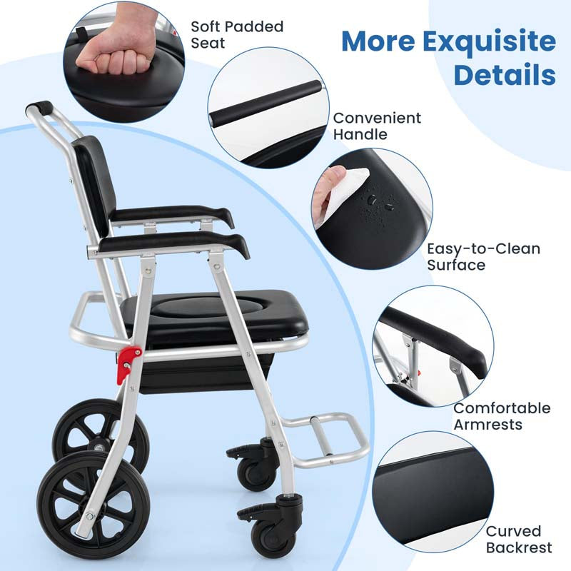 4-in-1 Bedside Commode Wheelchair for Toilet, 330lbs Foldable Shower Chair with Arms, Rolling Bath Chair for Elderly Disabled Handicap