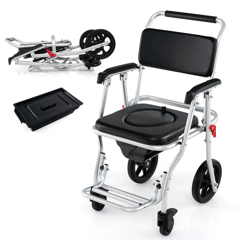 4-in-1 Bedside Commode Wheelchair for Toilet, 330lbs Foldable Shower Chair with Arms, Rolling Bath Chair for Elderly Disabled Handicap