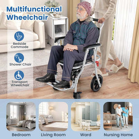 4-in-1 Bedside Commode Wheelchair for Toilet, 330lbs Foldable Shower Chair with Arms, Rolling Bath Chair for Elderly Disabled Handicap