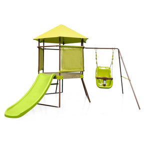 4-in-1 Metal Swing Sets for Backyard, Outdoor Playset with Slide, Baby Swing, Upper Deck with Canopy