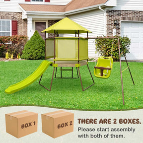 4-in-1 Metal Swing Sets for Backyard, Outdoor Playset with Slide, Baby Swing, Upper Deck with Canopy