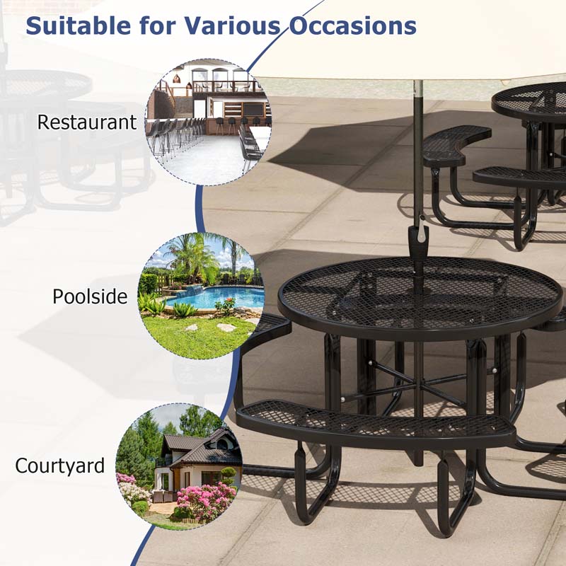 45" 8-Person Metal Outdoor Round Picnic Table Bench Set with Umbrella Hole, Expanded Outdoor Commercial Table Bench Set