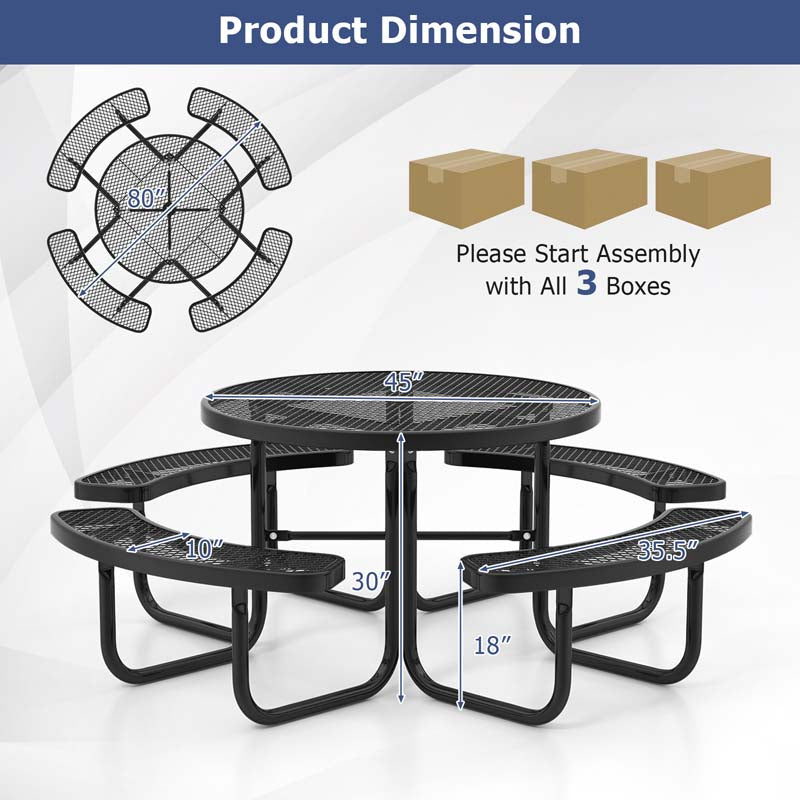 45" 8-Person Metal Outdoor Round Picnic Table Bench Set with Umbrella Hole, Expanded Outdoor Commercial Table Bench Set