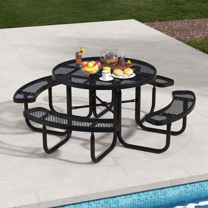 45" 8-Person Metal Outdoor Round Picnic Table Bench Set with Umbrella Hole, Expanded Outdoor Commercial Table Bench Set