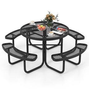 45" 8-Person Metal Outdoor Round Picnic Table Bench Set with Umbrella Hole, Expanded Outdoor Commercial Table Bench Set