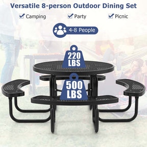 45" 8-Person Metal Outdoor Round Picnic Table Bench Set with Umbrella Hole, Expanded Outdoor Commercial Table Bench Set