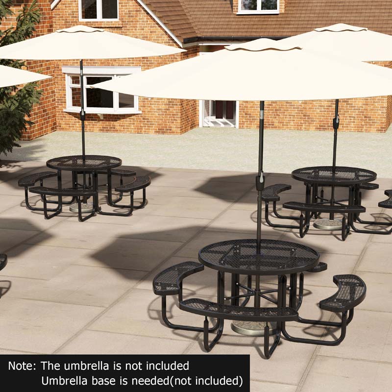 45" 8-Person Metal Outdoor Round Picnic Table Bench Set with Umbrella Hole, Expanded Outdoor Commercial Table Bench Set