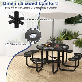 45" 8-Person Metal Outdoor Round Picnic Table Bench Set with Umbrella Hole, Expanded Outdoor Commercial Table Bench Set