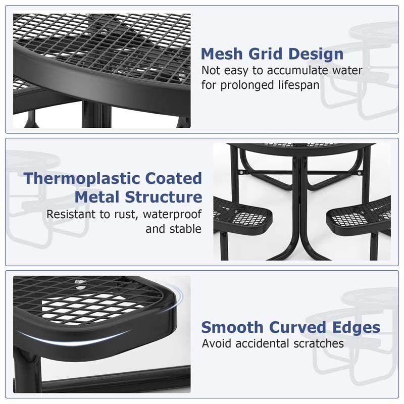 45" 8-Person Metal Outdoor Round Picnic Table Bench Set with Umbrella Hole, Expanded Outdoor Commercial Table Bench Set