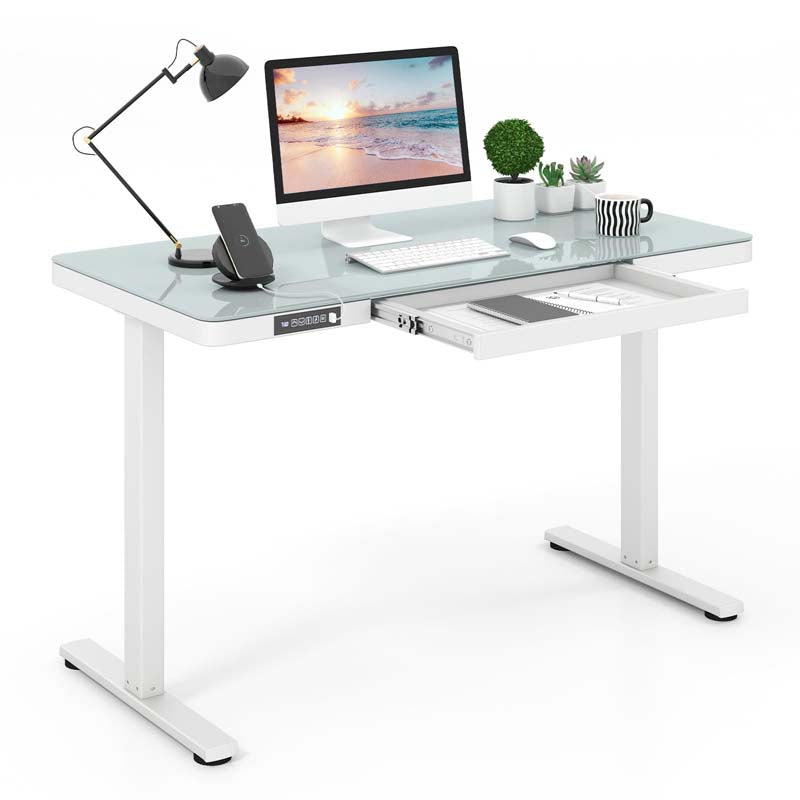 48" x 24" Electric Standing Desk with Drawer, Tempered Glass Top, Memory Positions & USB Type-C Outlets, Sit Stand Desk for Home Office