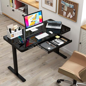 48" x 24" Electric Standing Desk with Drawer, Tempered Glass Top, Memory Positions & USB Type-C Outlets, Sit Stand Desk for Home Office