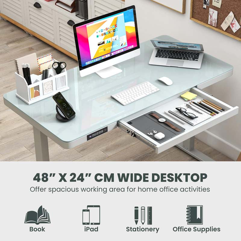 48" x 24" Electric Standing Desk with Drawer, Tempered Glass Top, Memory Positions & USB Type-C Outlets, Sit Stand Desk for Home Office