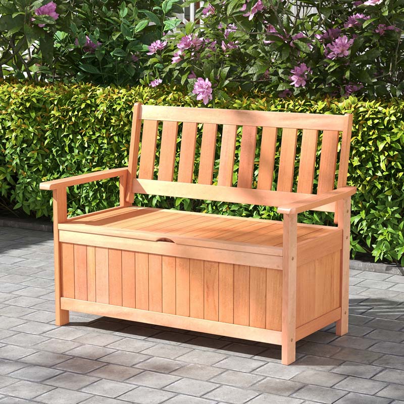 48" Hardwood Storage Bench Patio Backyard Garden Loveseat with 34.2 Gal Inner Space, Entryway Large Deck Box w/Slatted Backrest